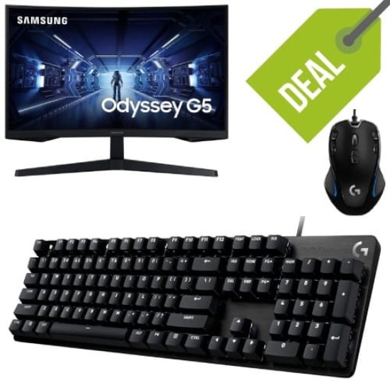 Samsung Gaming Monitor 27" Curved, WQHD, VA Panel, 1000R, HDR10, 1MS, 144HZ (LC27G55) + Logitech Gaming Wired Mouse Black (G300s) + Logitech G Keyboard SE US (G413)