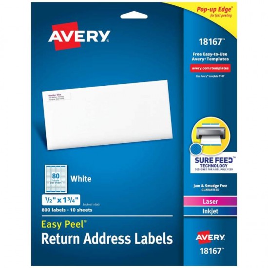Avery Printable Return Address Labels with Sure Feed, 0.5" x 1.75", White, 800 Blank Mailing Labels (18167)