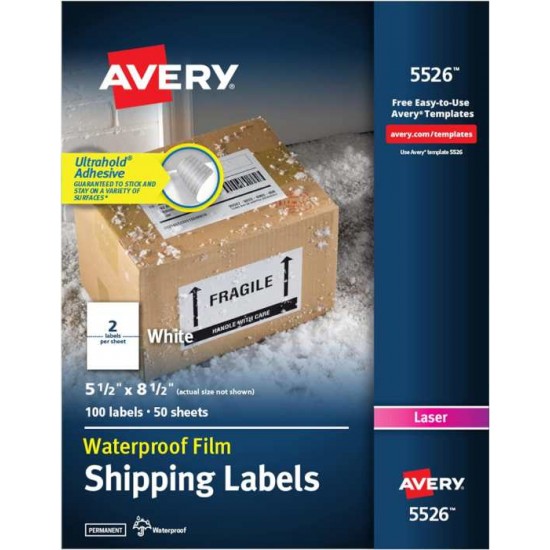 Avery Waterproof Printable Shipping Labels with Sure Feed, 5.5" x 8.5", White, 100 Blank Mailing Labels (5526)