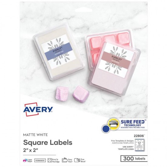 Avery Square Labels for Laser & Inkjet Printers, Sure Feed, 2" x 2", 300 White Labels (22806)