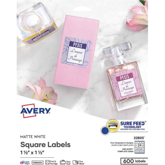 Avery Printable Blank Square Labels, 1.5" x 1.5", Matte White, 600 Customizable Labels (22805)