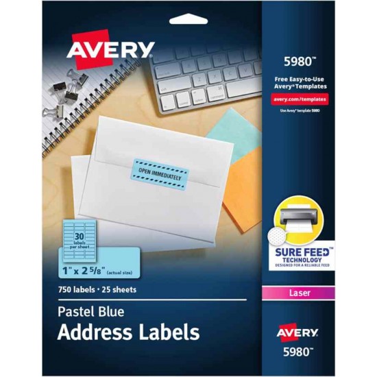  Avery Printable Address Labels with Sure Feed, 1" x 2-5/8", Pastel Blue, 750 Blank Mailing Labels (5980)