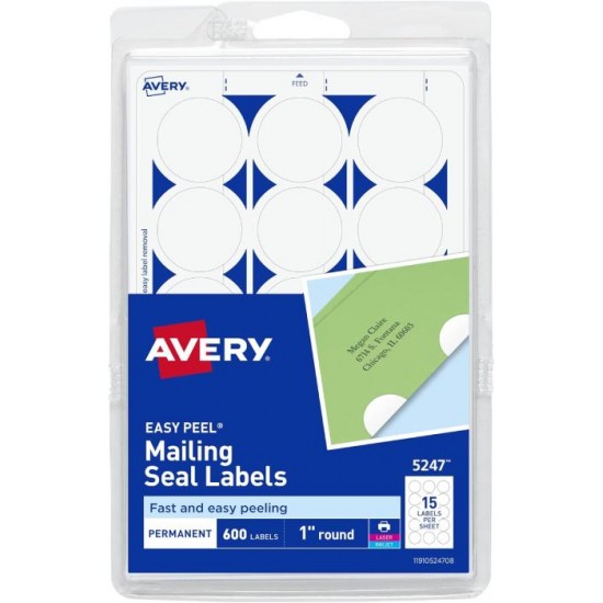 Avery Mailing Seals, 1" Round Labels, White, 600 Printable Mailing Labels (05247)