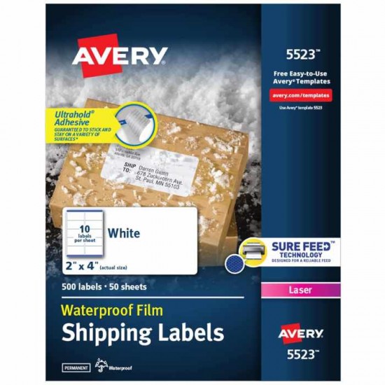 Avery Weatherproof Laser Shipping Labels, 2" x 4", 500/Pack (5523), White