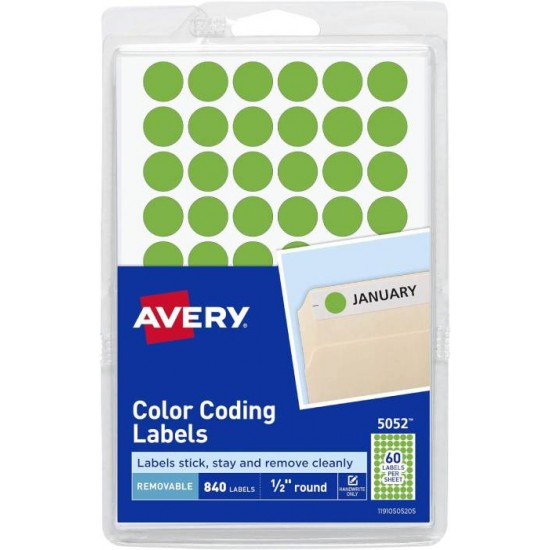 Avery Removable Neon Green Dot Stickers 1/2 Inch, Pack of 840 Round Stickers (5052),Small