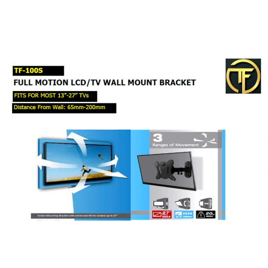 Wall mount for LCD TV / Monitor - Full Motion Wall Mount Bracket - Suitable for most 13 inch to 27 inch monitor - Part Number: TF-100S